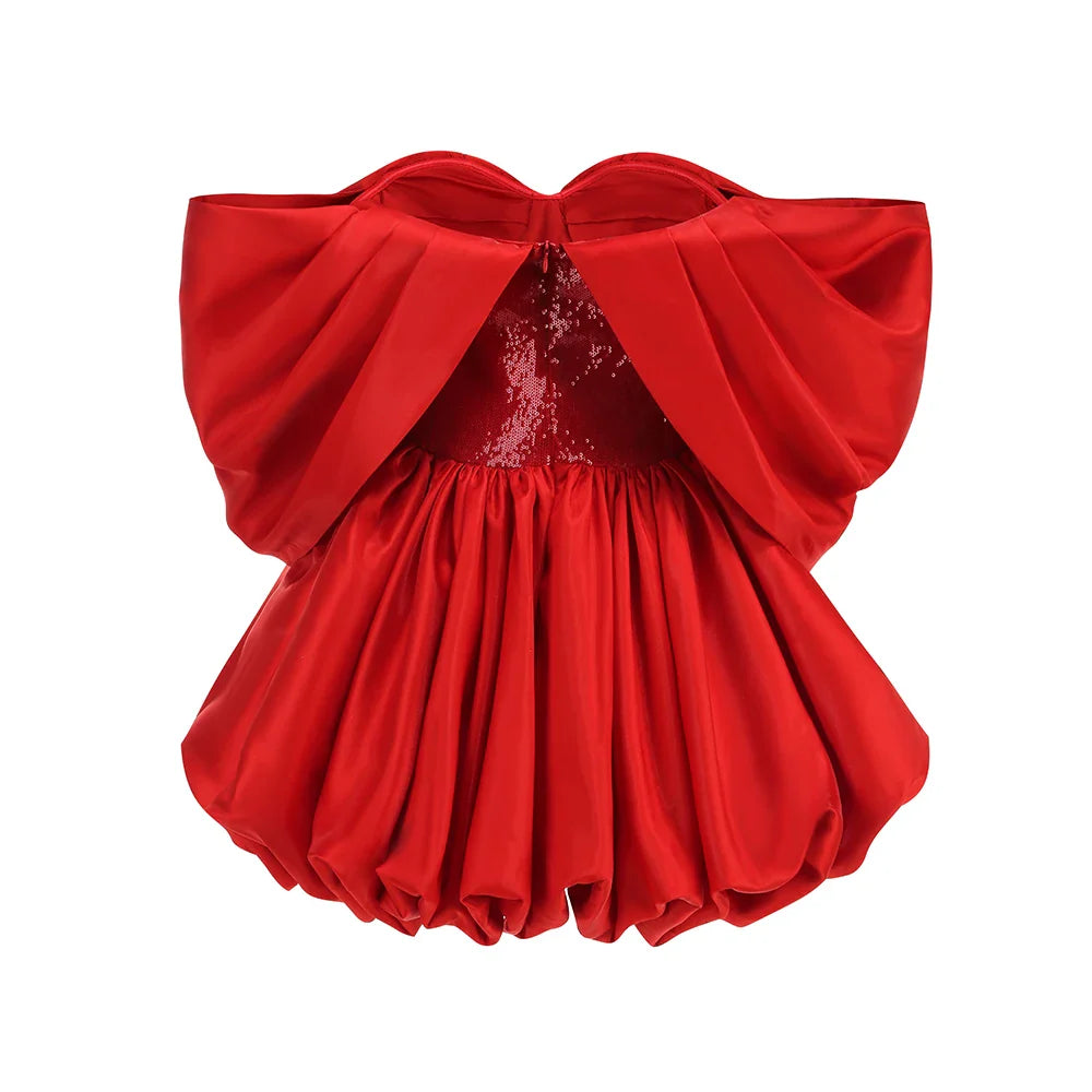 Red Satin Off-Shoulder Puff and Sequin Mini Dress