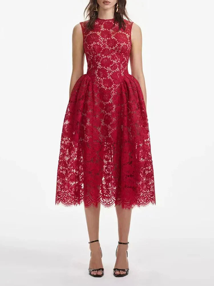 Red Floral Lace Midi Dress | O-Neck Sleeveless A-Line Gown