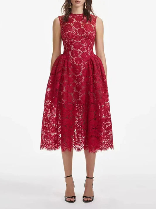 Red Floral Lace Midi Dress | O-Neck Sleeveless A-Line Gown