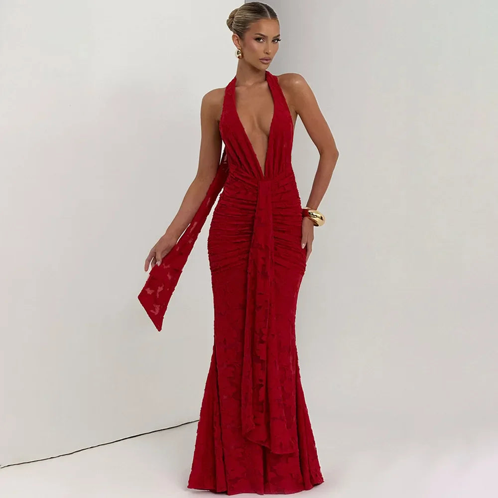 Red Halter Backless Maxi Dress | Elegant Empire Waist Gown