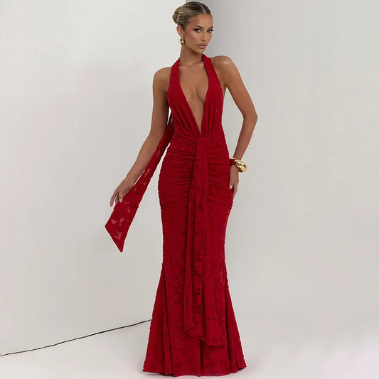 Red Halter Backless Maxi Dress | Elegant Empire Waist Gown