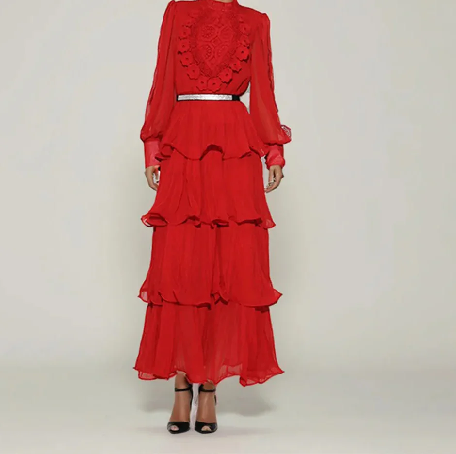 Red Lace Ruffle Maxi Dress | Tiered Layer Boho Party Gown