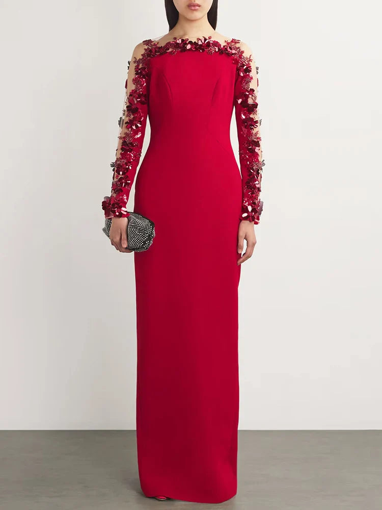 Red O Neck Flower Beaded Gown | Sequin Mesh Long Sleeve Party Dress