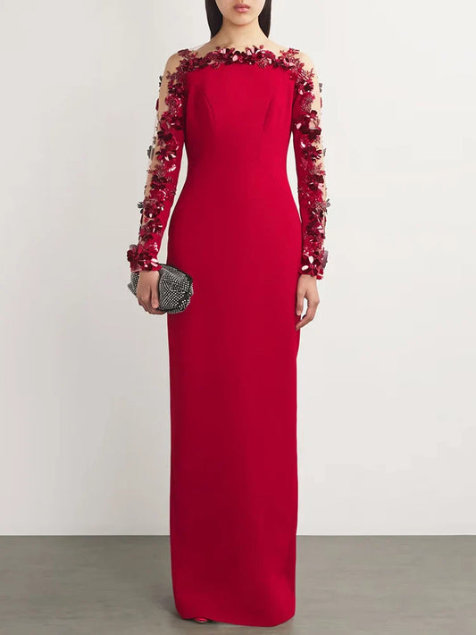 Red O Neck Flower Beaded Gown | Sequin Mesh Long Sleeve Party Dress