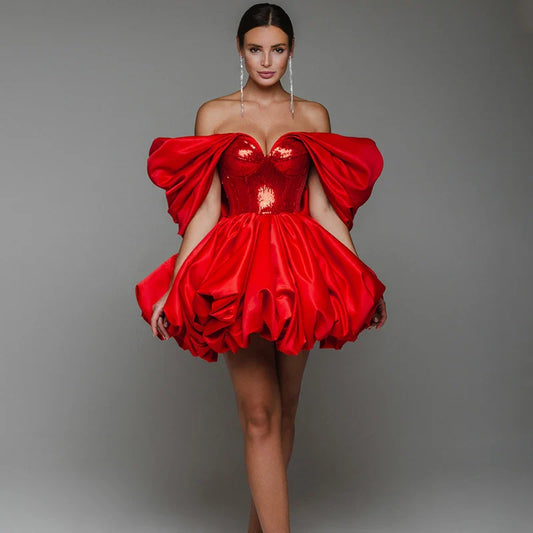 Red Satin Off-Shoulder Puff and Sequin Mini Dress
