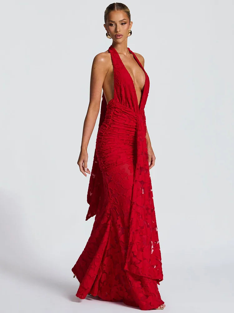 Red Plunge Halter Evening Gown, Draped Maxi
