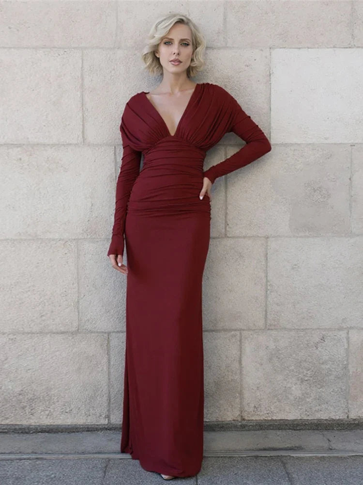 red ruched long sleeve maxi gown for formal events