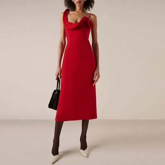 Red Ruffle Flower Strap Dress | Asymmetric Midi Evening Chic