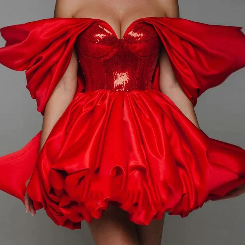 Red Satin Off-Shoulder Puff and Sequin Mini Dress