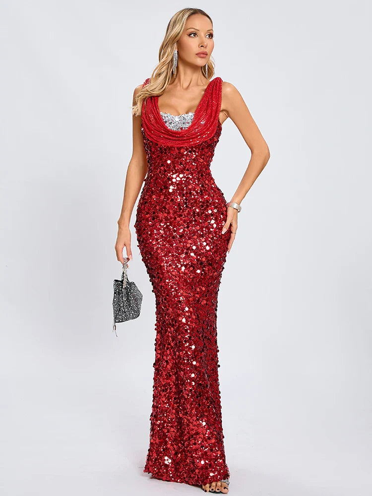 Red Sequin Maxi Dress | Cowl Crystal Neck Iridescent Glam