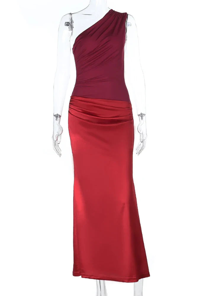 Red One-Shoulder Satin Drape Maxi Dress