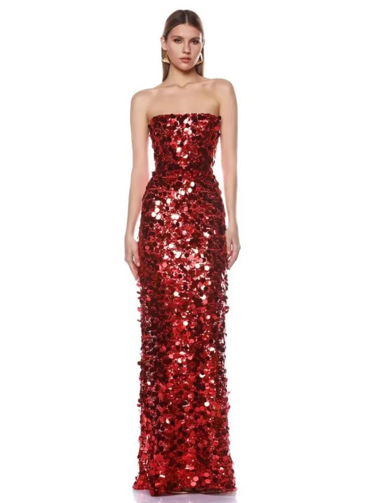 Red Strapless Sequin Gown with Sculpted Sheath Silhouette