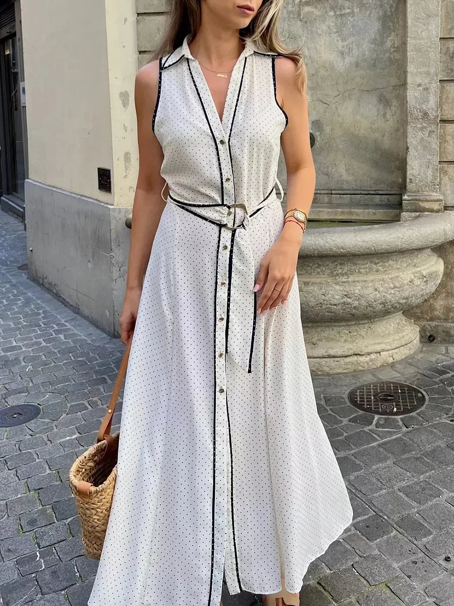White Polka Dot Belted Maxi Dress | Sleeveless Collared Resort Look