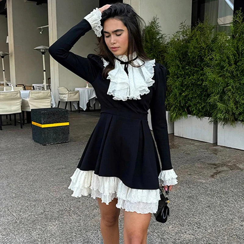 Black Ruffle Mini Dress | Retro White Contrast Party Style
