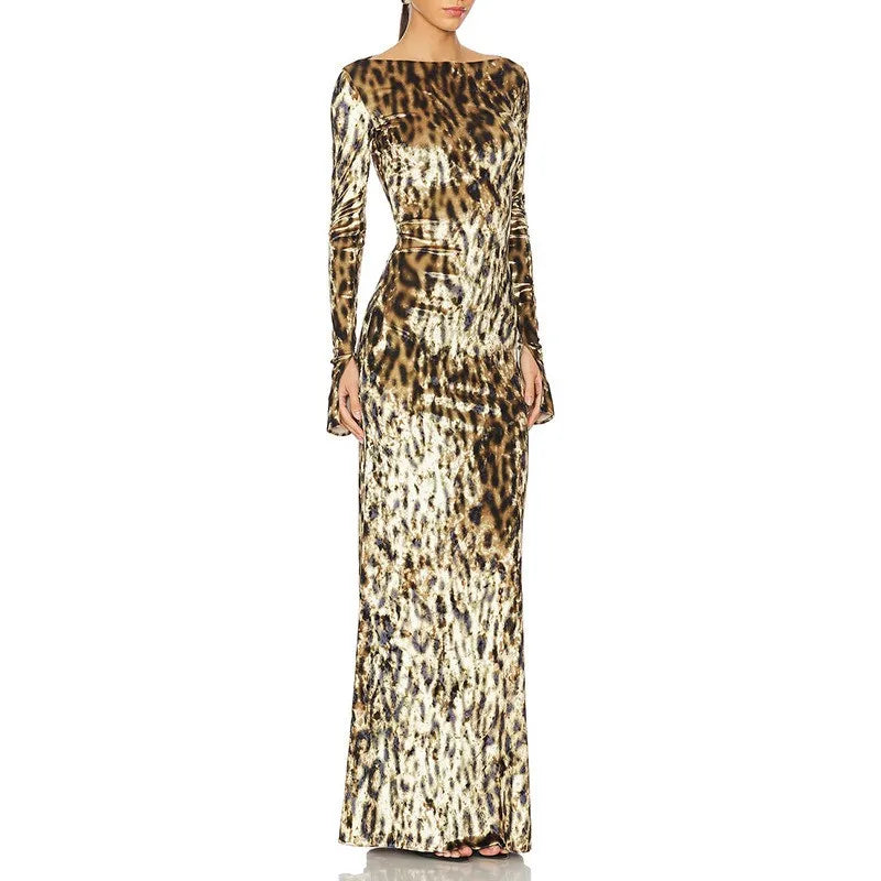 Retro chic animal print long dress with full sleeves