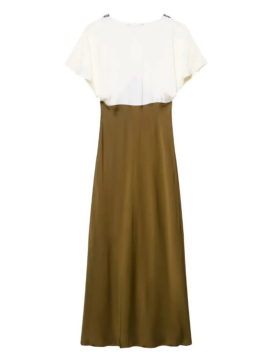 Mustard Lace-Trim Midi Dress | Vintage V-Neck Patchwork Chic