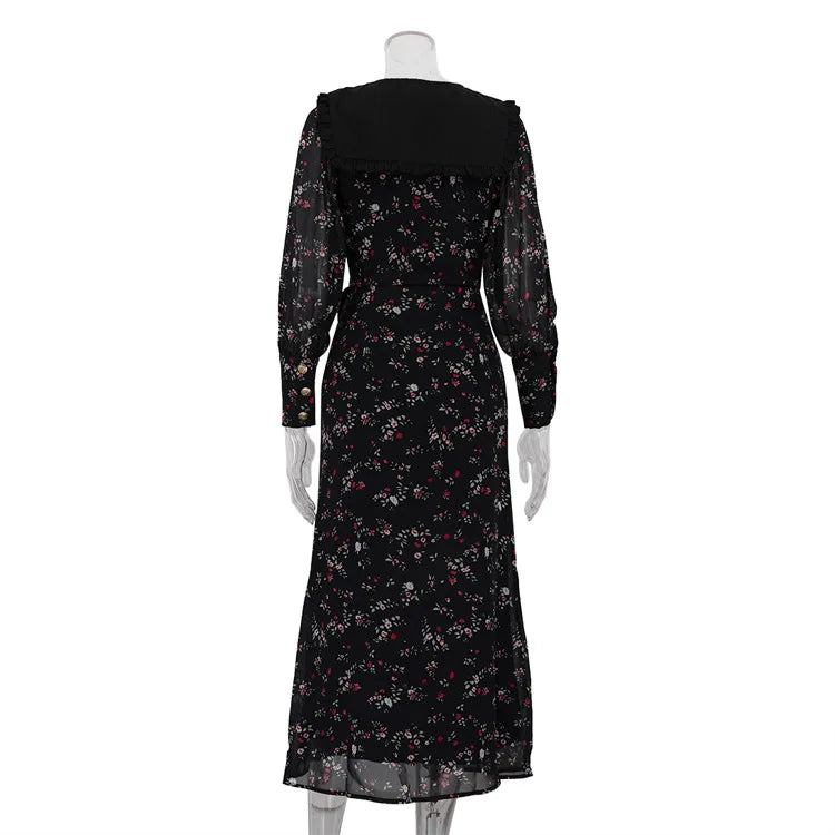 Retro Print Ruffled Lapel Dress | Long Sleeve Slim A-Line Party Gown