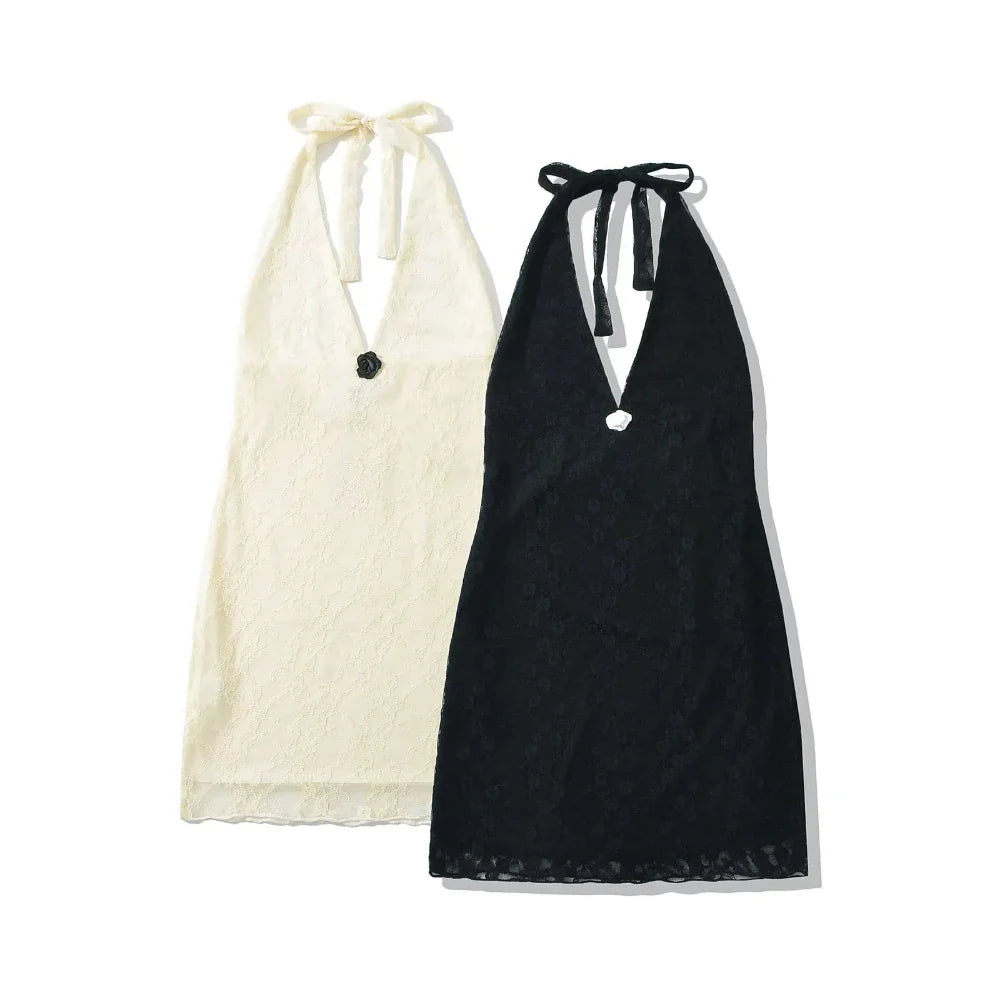 Black Lace Halter Backless Mini Dress | Chic Party & Clubwear