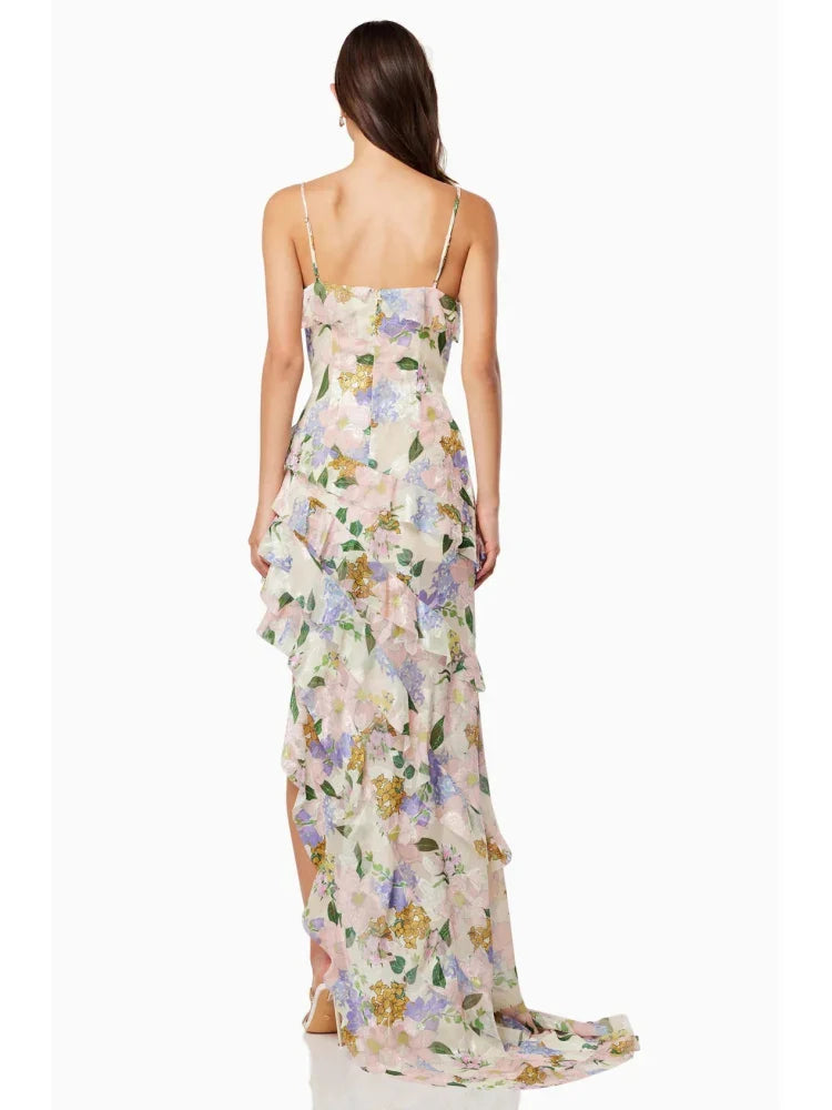 Floral Ruffle Maxi Dress | Romantic Strappy Evening Gown