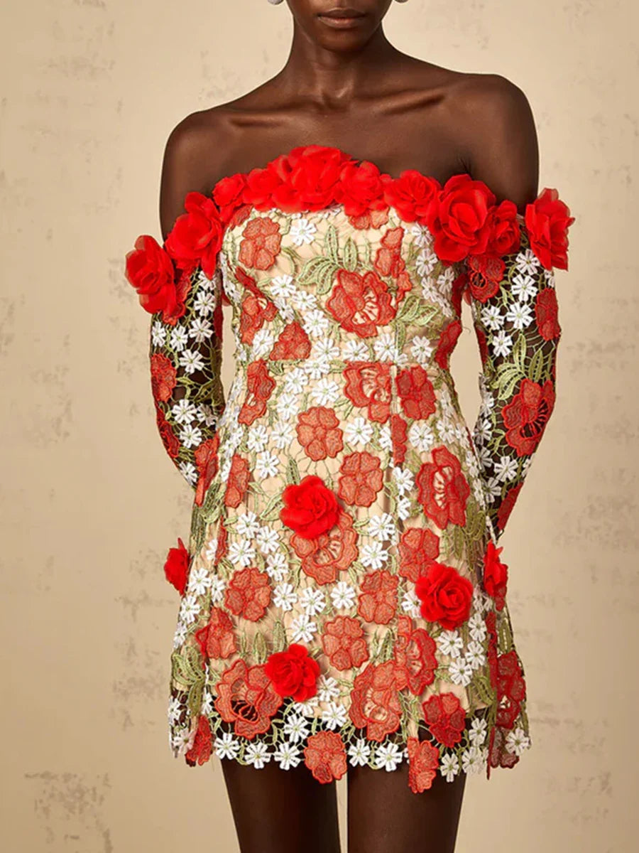 Red 3D Floral Appliqué Off-Shoulder Mini Dress | Summer Standout