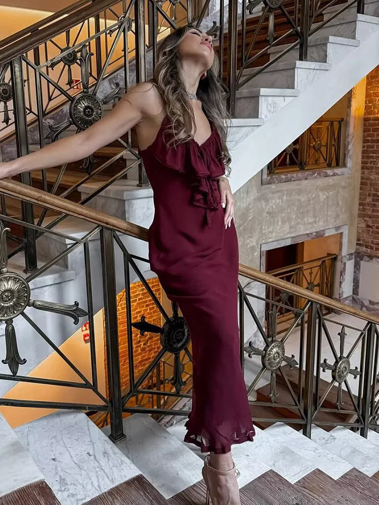 Burgundy Chiffon Tiered Slip Dress | Summer Ankle-Length Gown