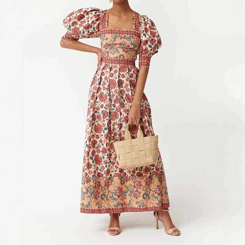 Boho Floral Square Neck Midi | Puff Sleeve Cotton Dress
