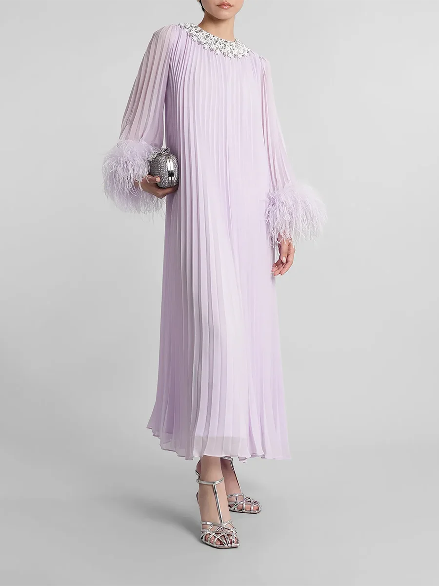 Feather Trim Pleated Midi Dress – Diamond Patchwork Prairie Chic