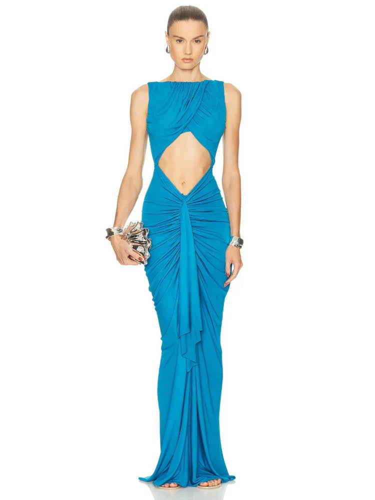 Blue Cut-Out Gathered Sheath Gown | Evening Statement Dress