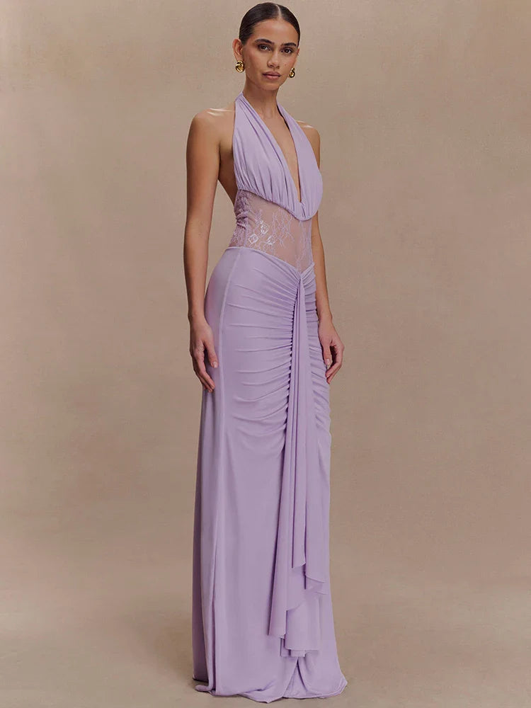 Lavender Halter Mesh Maxi Dress | Elegant Evening Gown