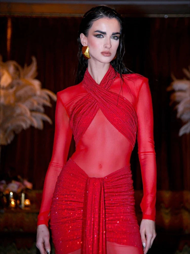 Red Mesh Ruched Rhinestone Gown with Sculpted Column Shape