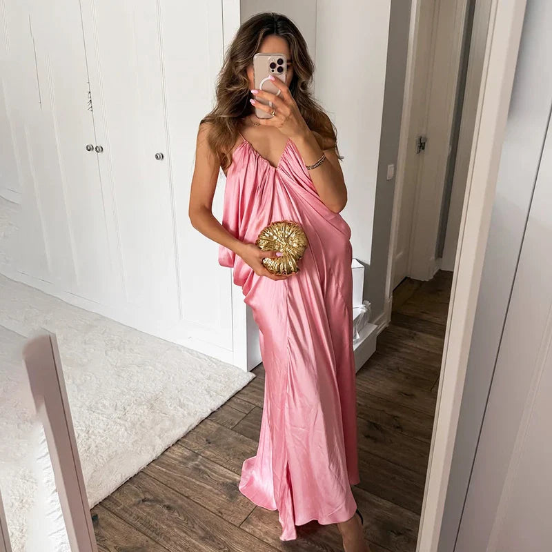 Draped Pink Sling Maxi Dress | Resort Glamour Loose Fit