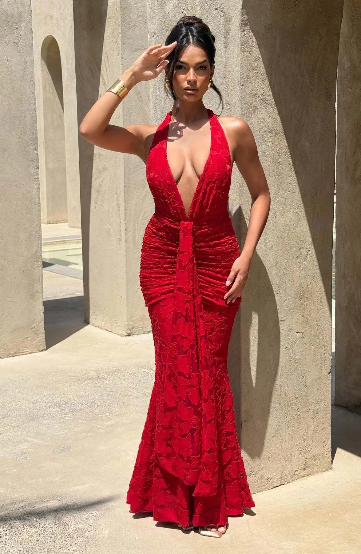 Red Plunge Halter Evening Gown, Draped Maxi