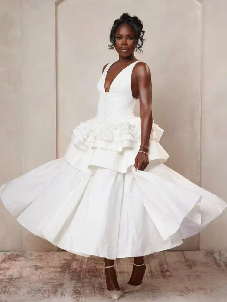 Deep V-Neck Tiered Ruffled A-Line Midi Dress