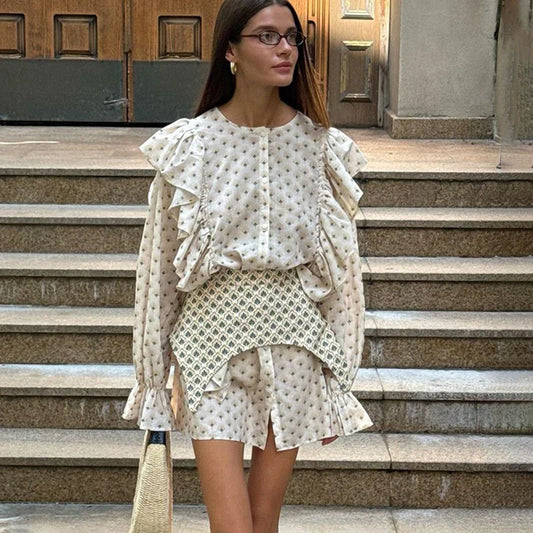 Ruffle Waist Mini Dress | Soft Bloom Print with Flared Sleeves