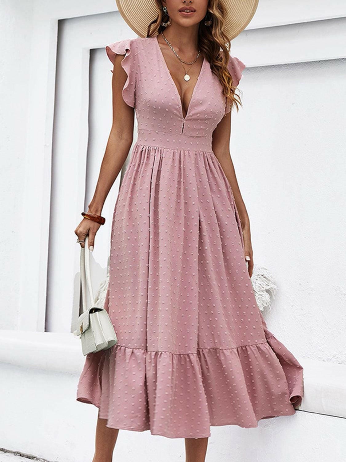 Ruffled Swiss Dot Plunge Dress - Perfect for a Night Out
