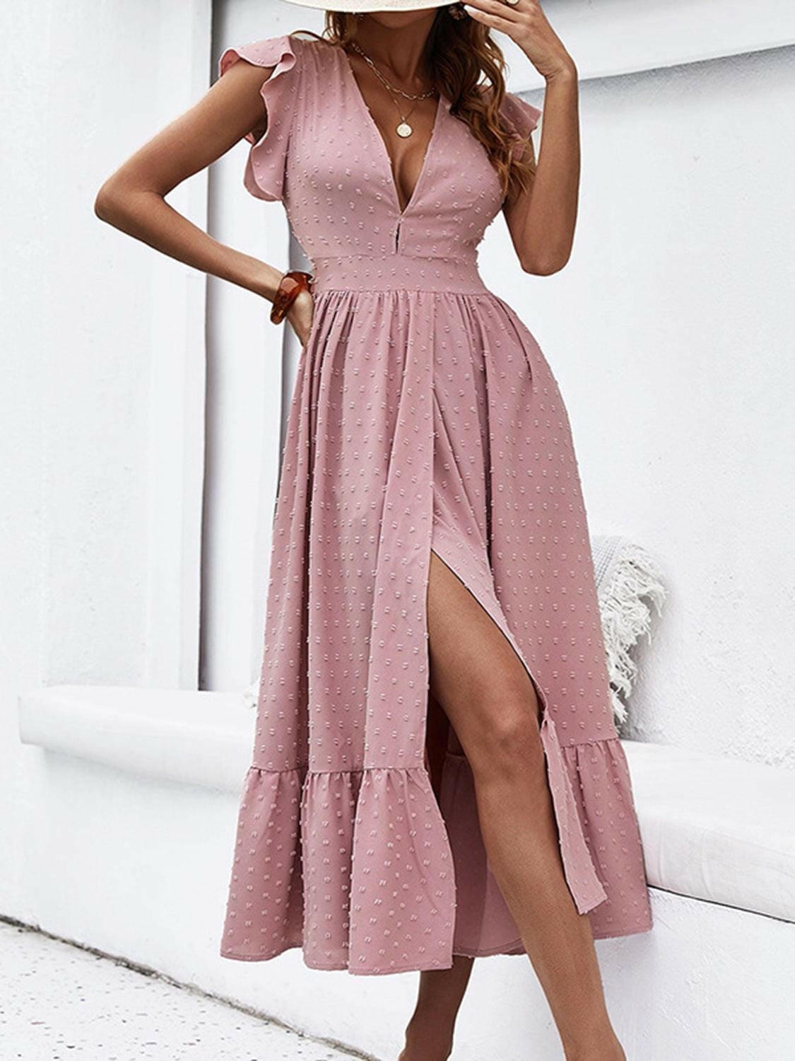 Ruffled Swiss Dot Plunge Dress - Perfect for a Night Out