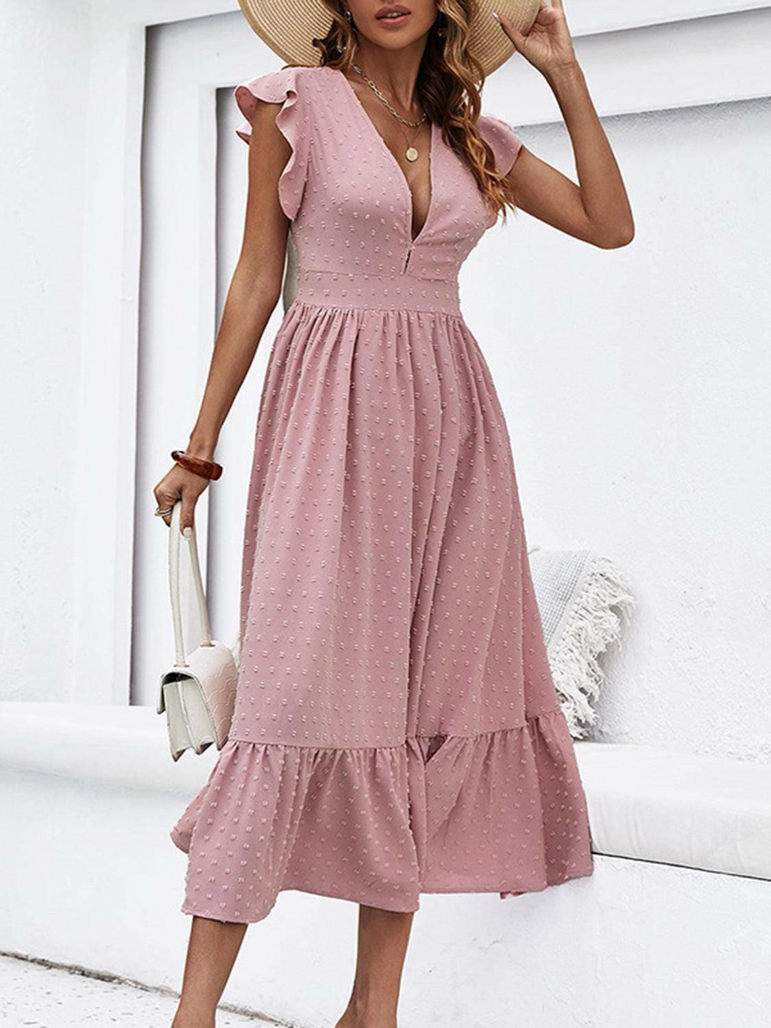 Ruffled Swiss Dot Plunge Dress - Perfect for a Night Out
