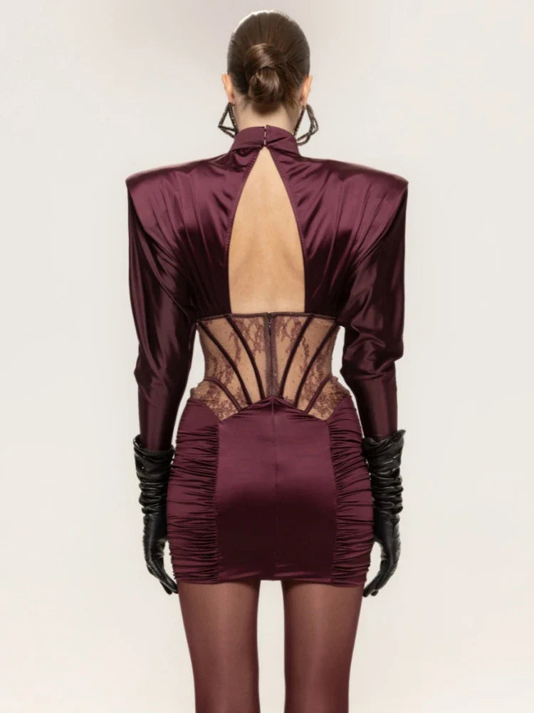 Burgundy Mesh Corset Mini Dress | Lace Detail Runway Look