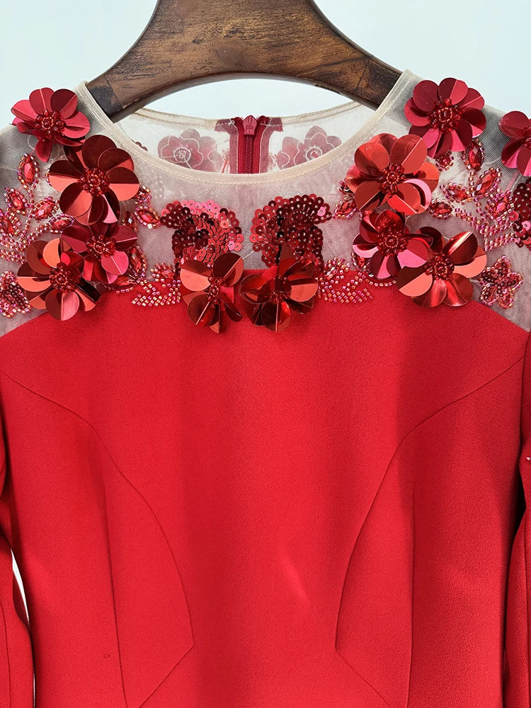 Red O Neck Flower Beaded Gown | Sequin Mesh Long Sleeve Party Dress