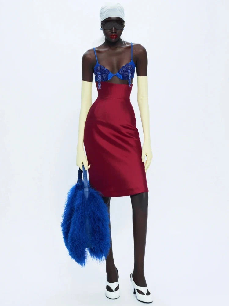 Blue & Red Appliqué Sheath Dress | Runway-Inspired Party Look