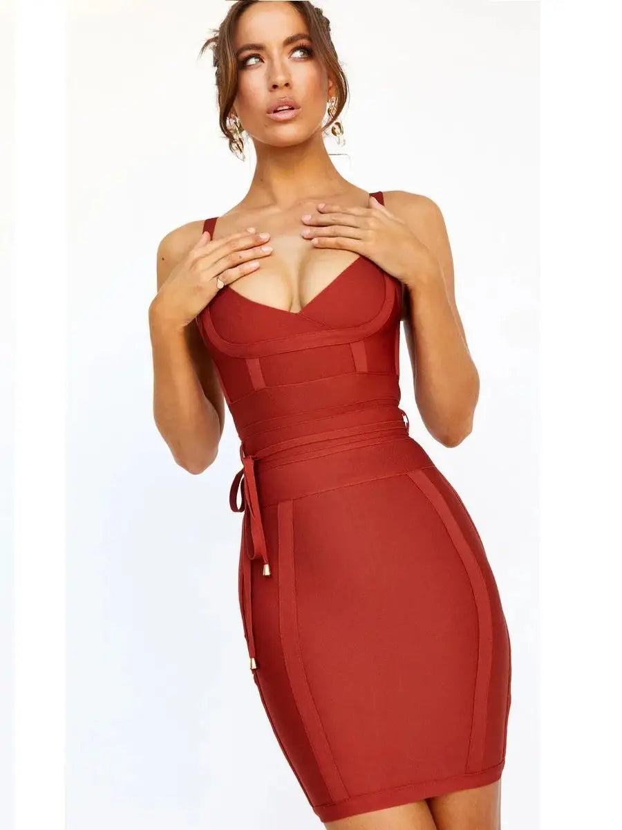 Red Belt Bandage Midi Dress | Sash Detail Sculpted Sheath