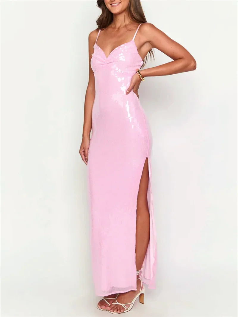 Blush Pink Sequin Gown | Satin Corset Slit Party Dress