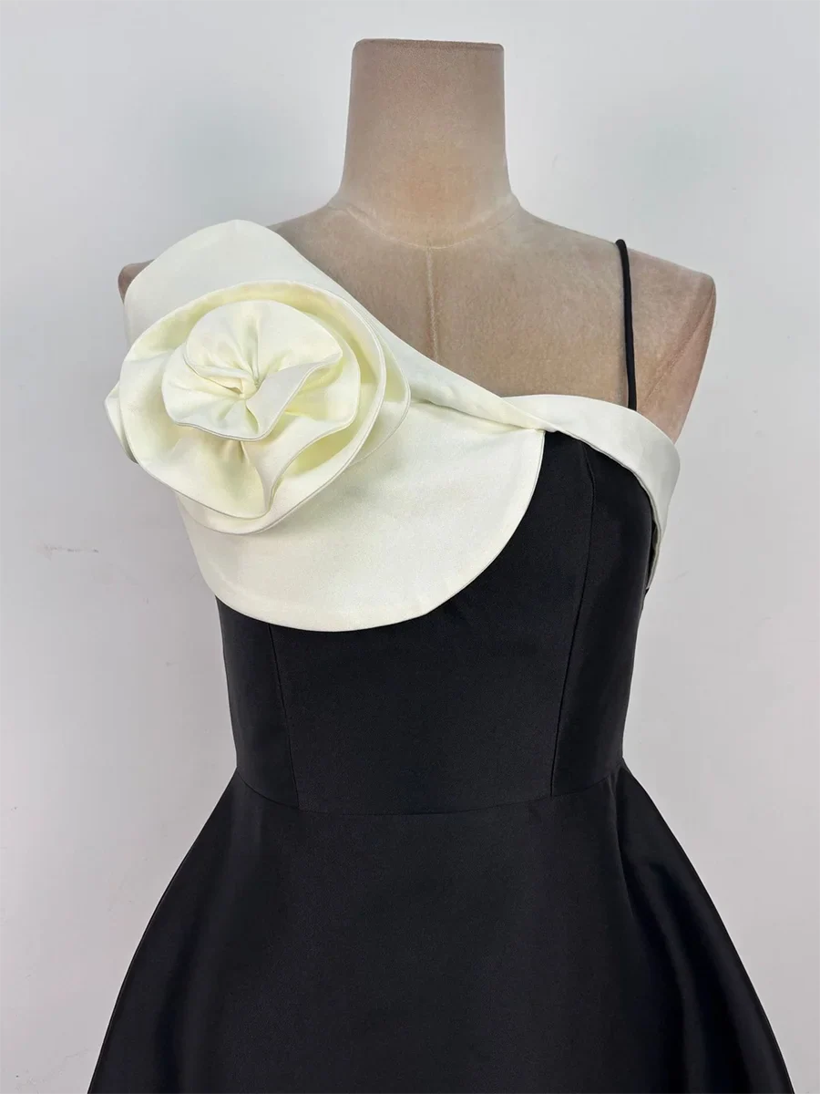 Black Satin Strapless Midi Dress with 3D Flower Detail