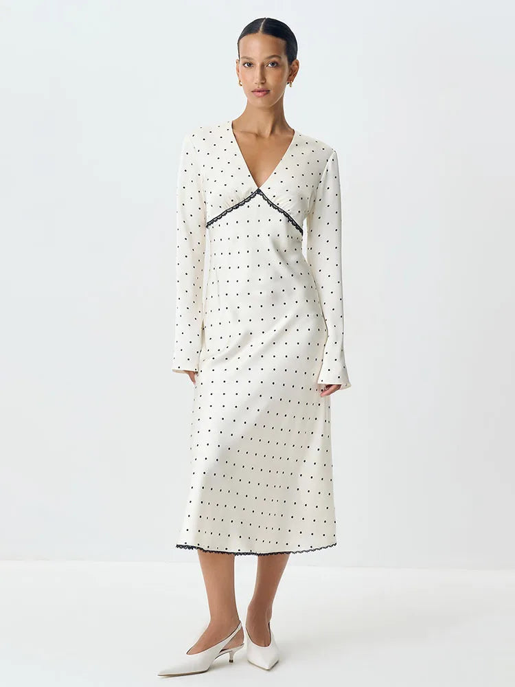 Satin Polka Dot Maxi Dress | V-Neck Bodycon Party Gown