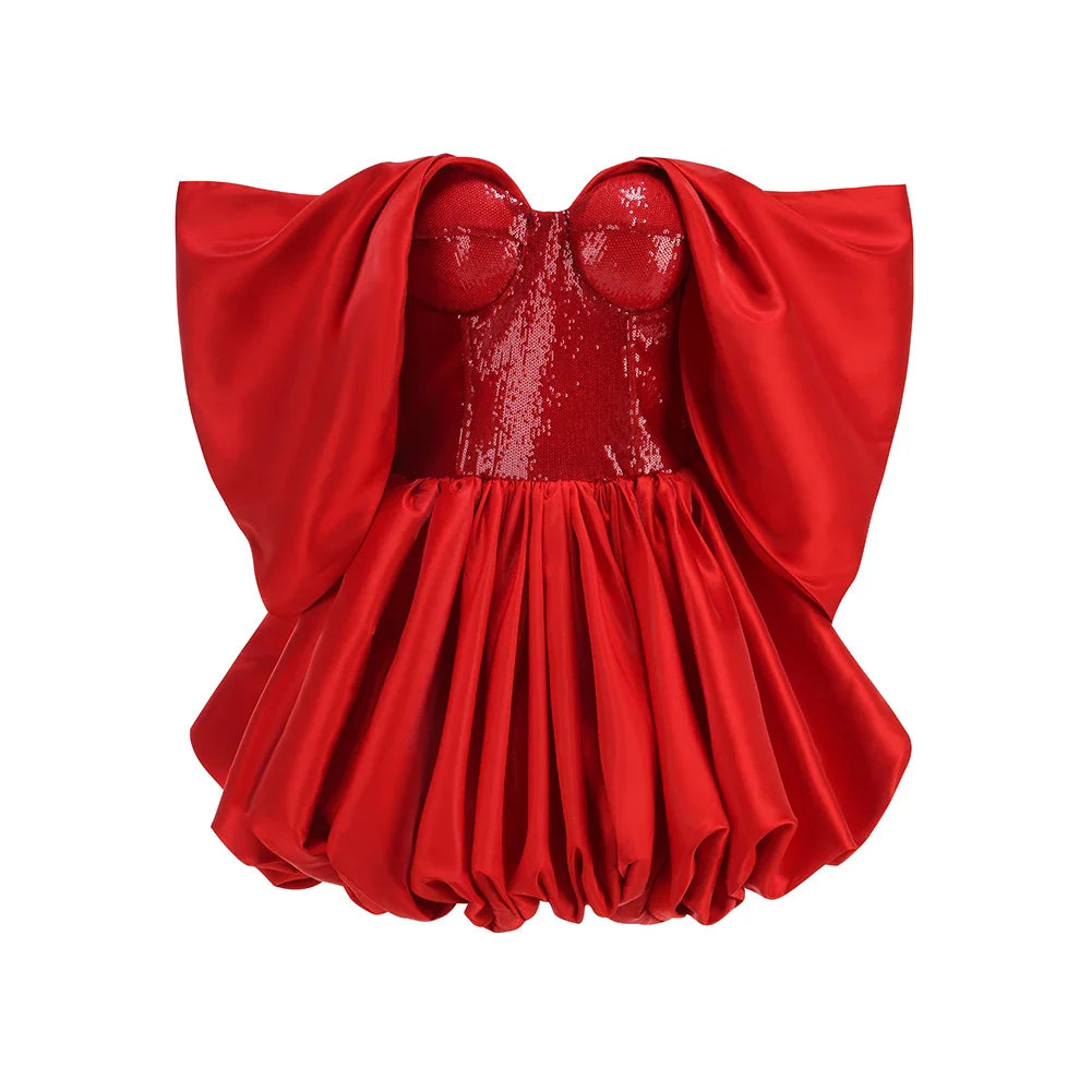 Voluminous ball gown puff skirt mini dress in red satin fabric
