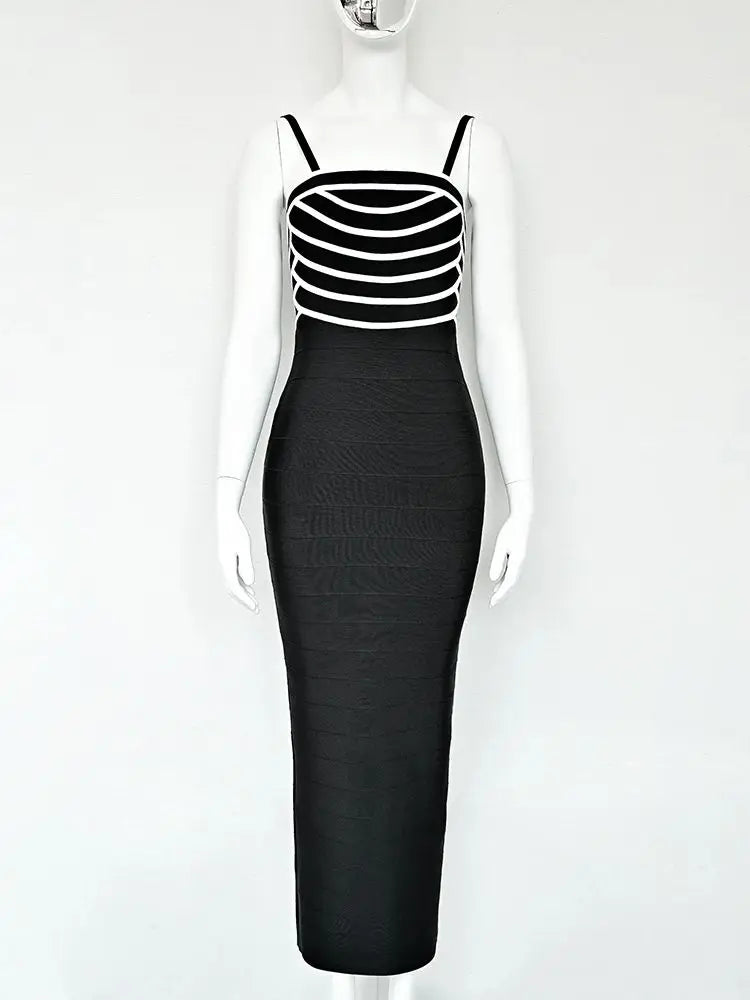 Black & White Bandage Midi Dress | Striped Sculpted Sheath