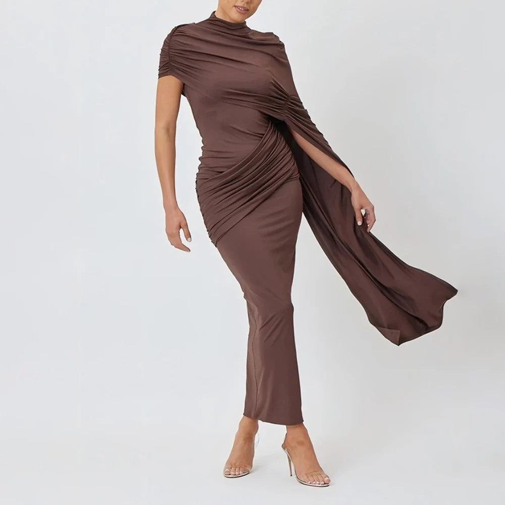 Brown Draped Stand-Neck Cape Sleeve Maxi Dress