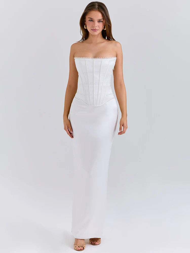 White Satin Off-Shoulder Gown | Backless Party Look