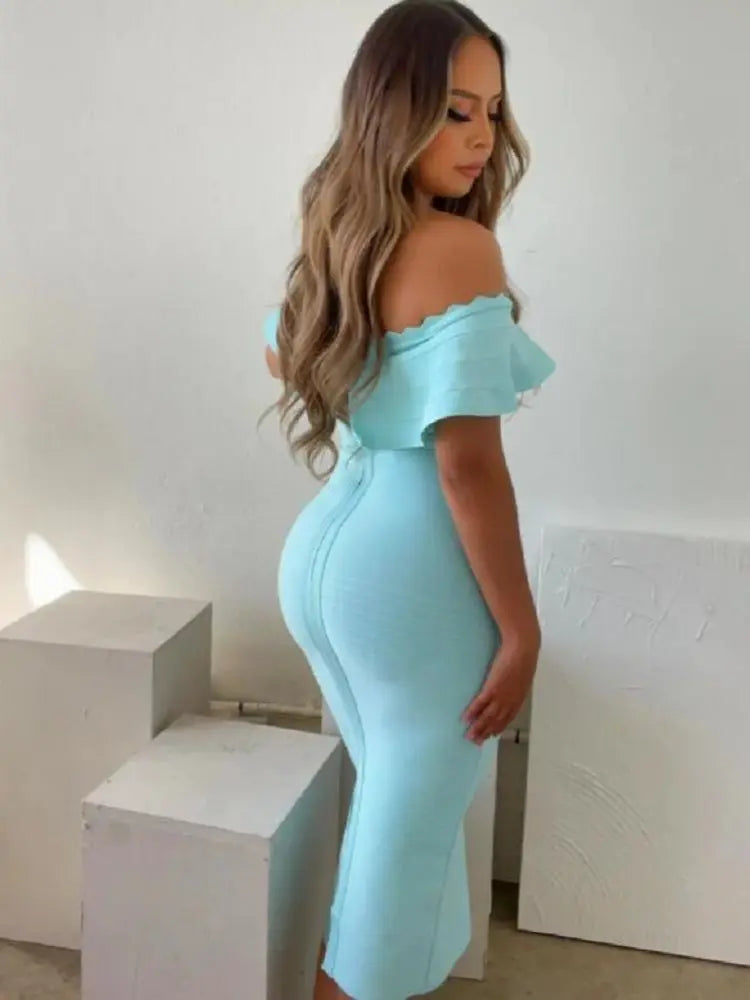 Blue Ruffle Off-Shoulder Bandage Midi Dress | Sculpted Guest Look