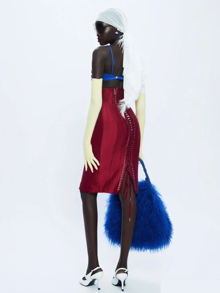 Blue & Red Appliqué Sheath Dress | Runway-Inspired Party Look